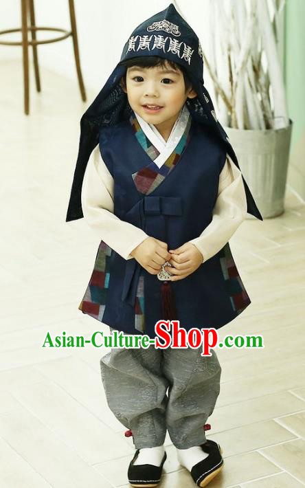 Asian Korean National Traditional Handmade Formal Occasions Boys Embroidery Navy Vest Hanbok Costume Complete Set for Kids