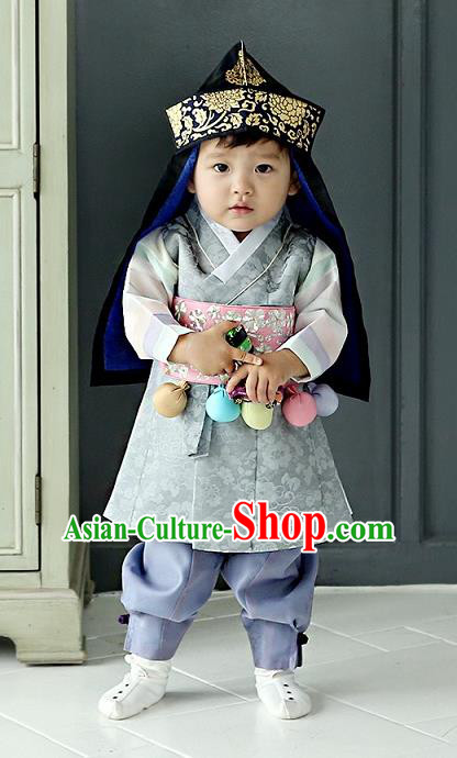 Asian Korean National Traditional Handmade Formal Occasions Boys Embroidery Grey Vest Hanbok Costume Complete Set for Kids