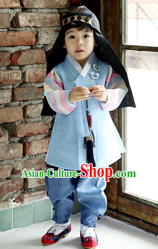 Asian Korean National Traditional Handmade Formal Occasions Boys Embroidery Blue Vest Hanbok Costume Complete Set for Kids