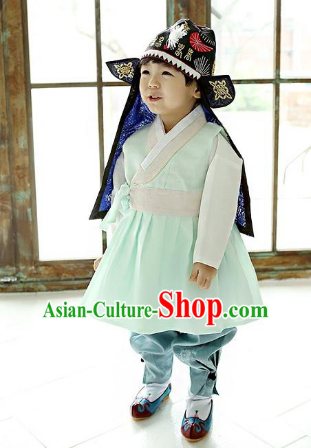 Asian Korean National Traditional Handmade Formal Occasions Boys Embroidery Green Vest Hanbok Costume Complete Set for Kids