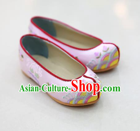 Traditional Korean National Wedding Shoes Pink Embroidered Shoes, Asian Korean Hanbok Embroidery Flat Shoes for Kids