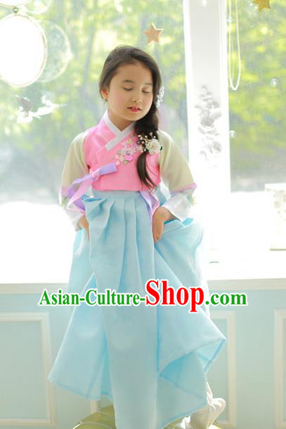 Korean National Handmade Formal Occasions Girls Clothing Palace Hanbok Costume Embroidered Pink Blouse and Blue Dress for Kids