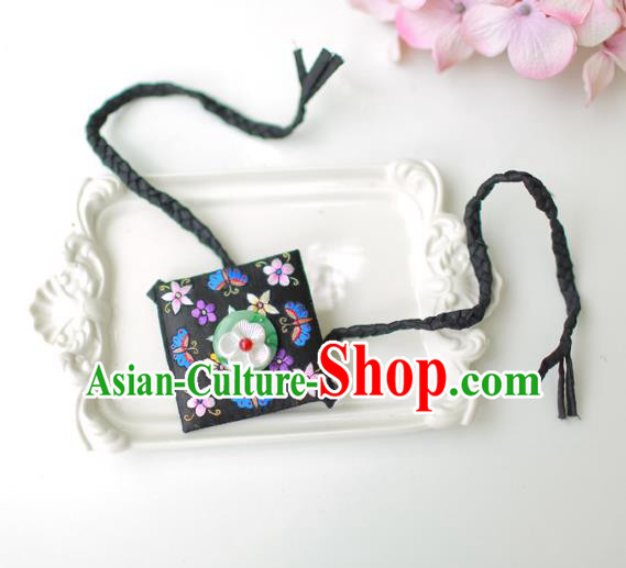 Korean National Bride Hair Accessories Embroidered Flowers Black Hair Clasp, Asian Korean Hanbok Palace Headband Headwear for Kids