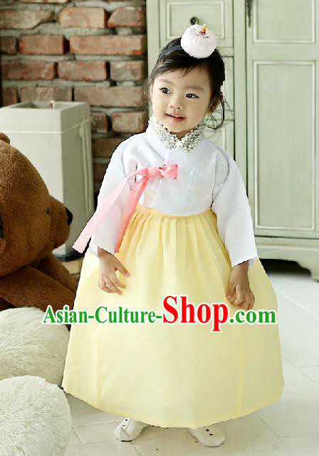 Korean National Handmade Formal Occasions Girls Clothing Palace Hanbok Costume Embroidered White Blouse and Yellow Dress for Kids