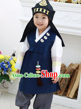 Asian Korean National Traditional Handmade Formal Occasions Boys Embroidery Navy Vest Hanbok Costume Complete Set for Kids