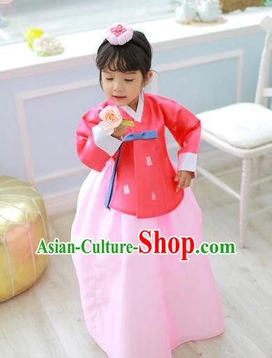 Korean National Handmade Formal Occasions Girls Clothing Palace Hanbok Costume Embroidered Red Blouse and Pink Blue Dress for Kids