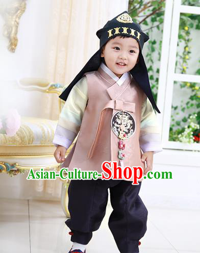 Asian Korean National Traditional Handmade Formal Occasions Boys Embroidery Pink Vest Hanbok Costume Complete Set for Kids