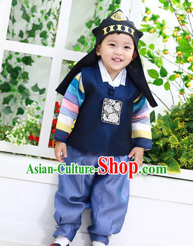 Asian Korean National Traditional Handmade Formal Occasions Boys Embroidery Deep Blue Vest Hanbok Costume Complete Set for Kids