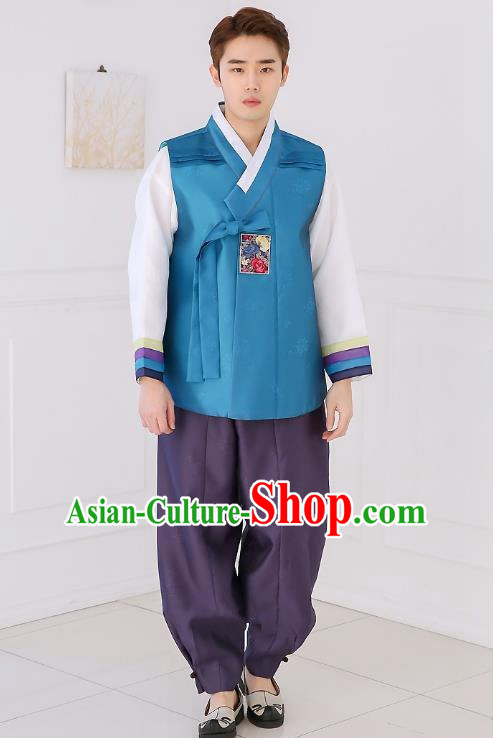 Asian Korean National Traditional Formal Occasions Wedding Bridegroom Embroidery Blue Vest Hanbok Costume Complete Set for Men