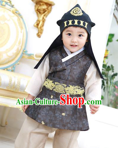 Asian Korean National Traditional Handmade Formal Occasions Boys Embroidery Black Vest Hanbok Costume Complete Set for Kids