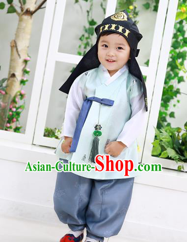 Asian Korean National Traditional Handmade Formal Occasions Boys Embroidery Blue Vest Hanbok Costume Complete Set for Kids