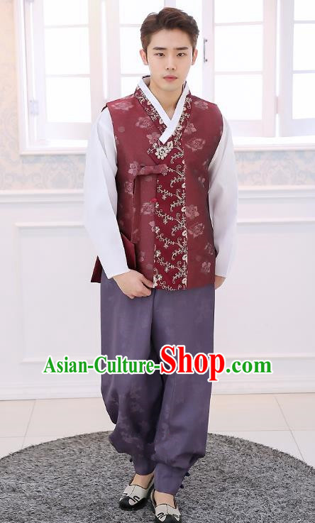 Asian Korean National Traditional Formal Occasions Wedding Bridegroom Embroidery Wine Red Vest Hanbok Costume Complete Set for Men