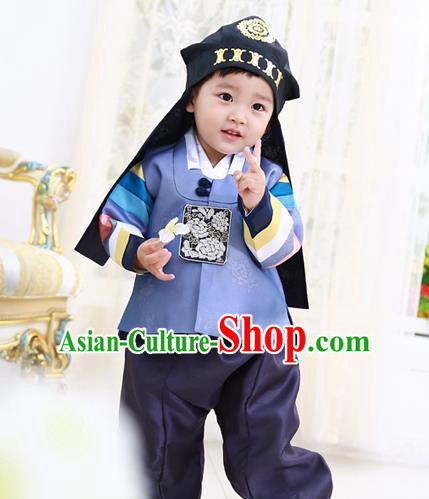 Asian Korean National Traditional Handmade Formal Occasions Boys Embroidery Blue Vest Hanbok Costume Complete Set for Kids