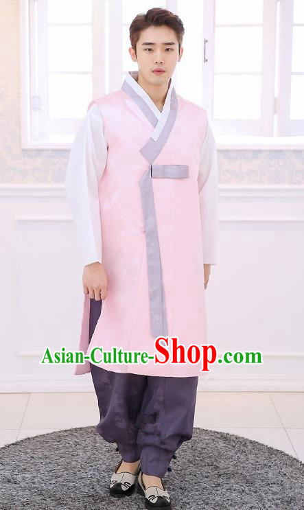 Asian Korean National Traditional Formal Occasions Wedding Bridegroom Embroidery Pink Long Vest Palace Hanbok Costume Complete Set for Men
