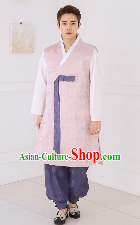 Asian Korean National Traditional Formal Occasions Wedding Bridegroom Embroidery Pink Long Vest Palace Hanbok Costume Complete Set for Men