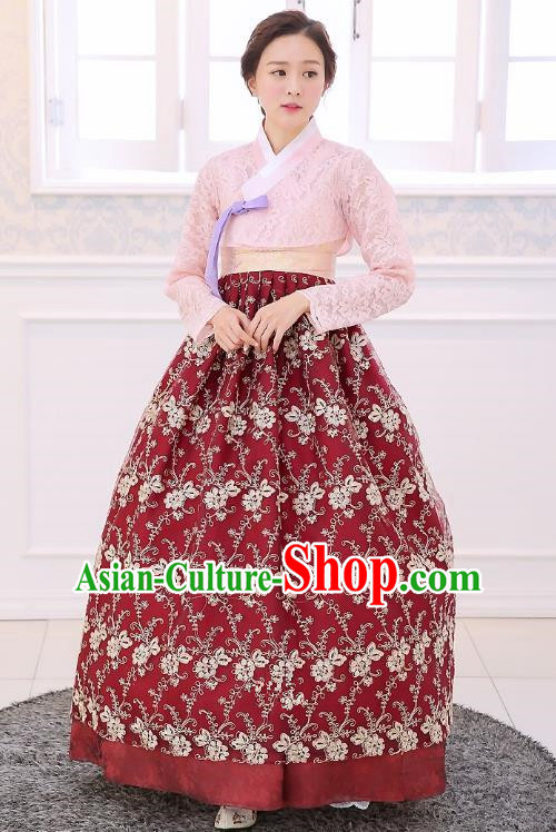 Top Grade Korean National Handmade Wedding Clothing Palace Bride Hanbok Costume Embroidered Pink Blouse and Red Dress for Women