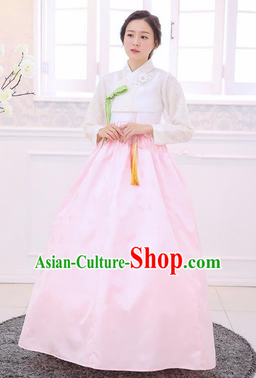 Top Grade Korean National Handmade Wedding Clothing Palace Bride Hanbok Costume Embroidered White Blouse and Pink Dress for Women