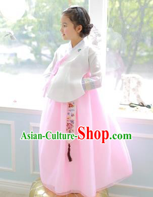 Korean National Handmade Formal Occasions Girls Clothing Palace Hanbok Costume Embroidered White Blouse and Pink Dress for Kids