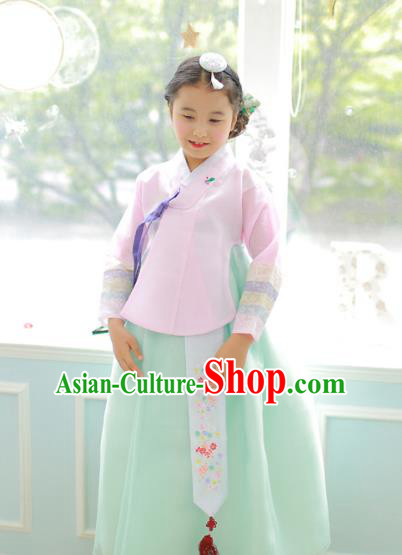 Korean National Handmade Formal Occasions Girls Clothing Palace Hanbok Costume Embroidered Pink Blouse and Green Dress for Kids