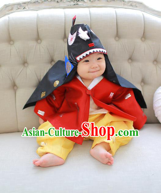 Asian Korean National Traditional Handmade Formal Occasions Boys Embroidery Red Vest Hanbok Costume Complete Set for Kids