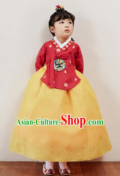 Korean National Handmade Formal Occasions Girls Clothing Palace Hanbok Costume Embroidered Red Blouse and Yellow Dress for Kids