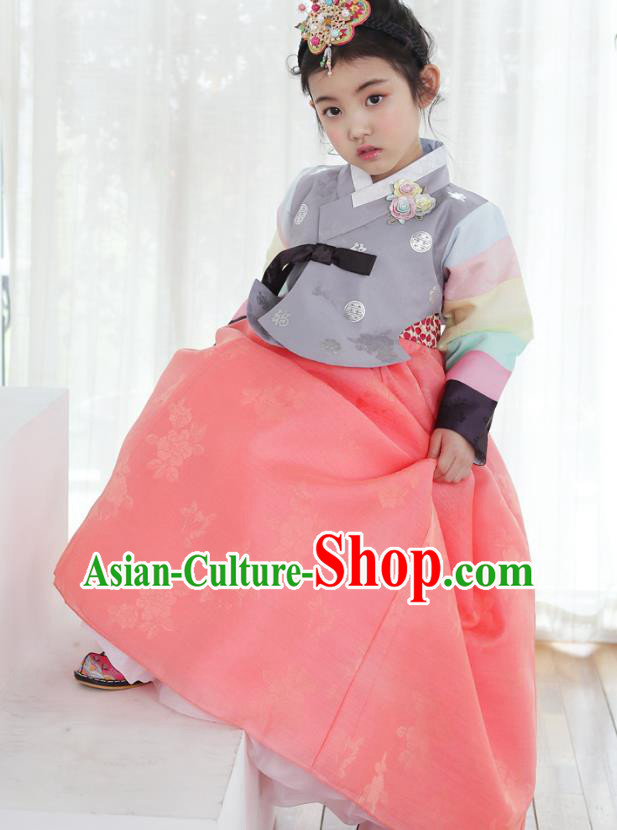 Korean National Handmade Formal Occasions Girls Clothing Palace Hanbok Costume Embroidered Grey Blouse and Pink Dress for Kids