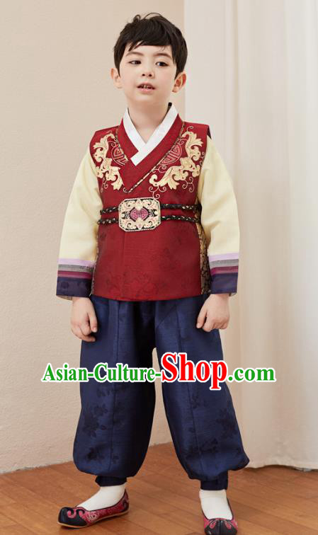 Asian Korean National Traditional Handmade Formal Occasions Boys Embroidery Wine Red Vest Hanbok Costume Complete Set for Kids