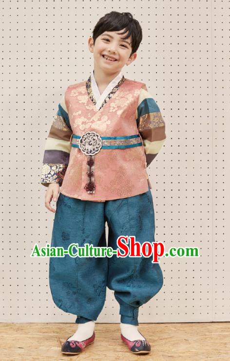 Asian Korean National Traditional Handmade Formal Occasions Boys Embroidery Orange Vest Hanbok Costume Complete Set for Kids