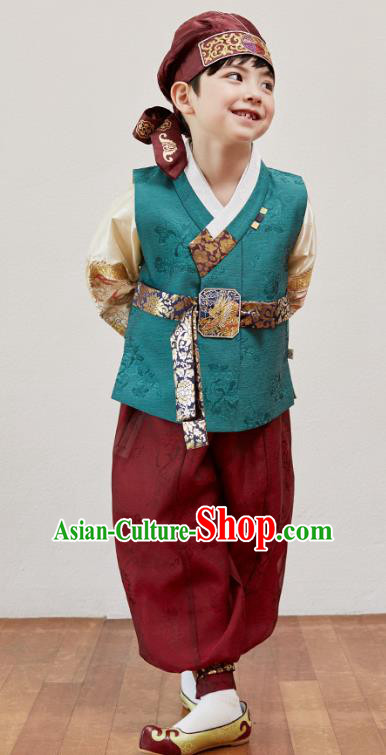 Asian Korean National Traditional Handmade Formal Occasions Boys Embroidery Green Vest Hanbok Costume Complete Set for Kids