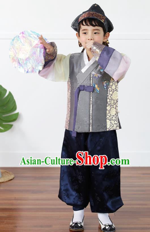 Asian Korean National Traditional Handmade Formal Occasions Boys Embroidery Grey Vest Hanbok Costume Complete Set for Kids