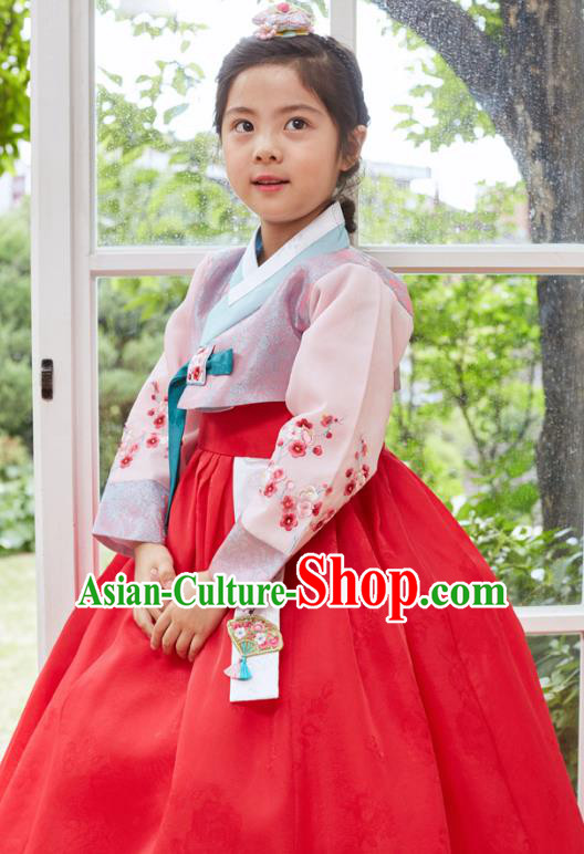 Traditional Korean National Handmade Formal Occasions Girls Clothing Palace Hanbok Costume Embroidered Purple Blouse and Red Dress for Kids