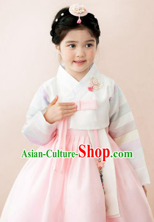 Traditional Korean National Handmade Formal Occasions Girls Clothing Palace Hanbok Costume Embroidered White Blouse and Pink Dress for Kids