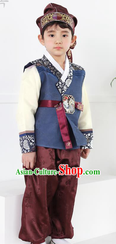 Asian Korean National Traditional Handmade Formal Occasions Boys Embroidery Navy Vest Hanbok Costume Complete Set for Kids