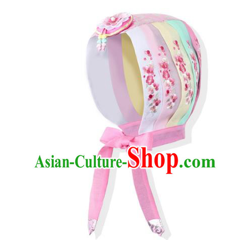 Korean National Bride Hair Accessories Embroidered Pink Hats, Asian Korean Hanbok Palace Headwear for Kids