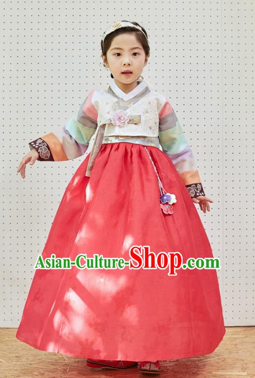 Traditional Korean National Handmade Formal Occasions Girls Clothing Palace Hanbok Costume Embroidered White Blouse and Red Dress for Kids