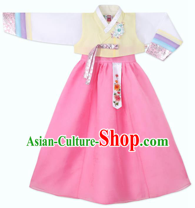 Traditional Korean National Handmade Formal Occasions Girls Clothing Palace Hanbok Costume Embroidered Yellow Blouse and Pink Dress for Kids