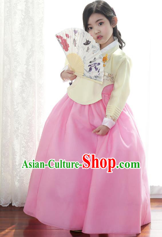 Traditional Korean National Handmade Formal Occasions Girls Clothing Palace Hanbok Costume Embroidered Yellow Blouse and Pink Dress for Kids
