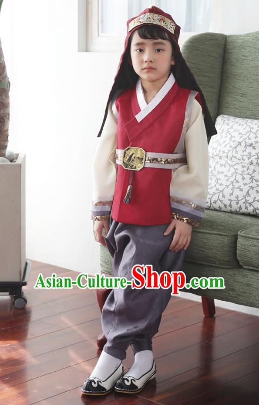 Asian Korean National Traditional Handmade Formal Occasions Boys Embroidery Red Vest Hanbok Costume Complete Set for Kids