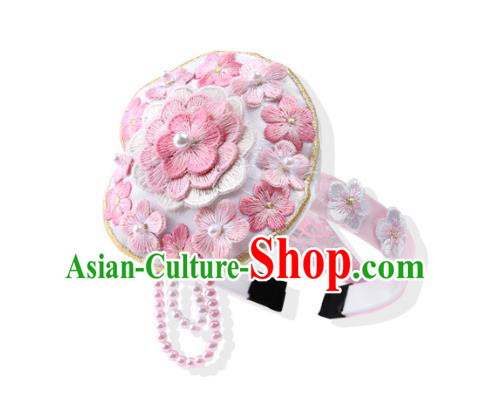 Korean National Bride Hair Accessories Embroidered Pink Hair Clasp, Asian Korean Hanbok Palace Headband Headwear for Kids