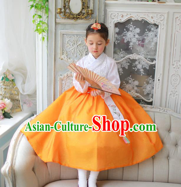 Traditional Korean National Handmade Formal Occasions Girls Clothing Palace Hanbok Costume Embroidered White Blouse and Yellow Dress for Kids