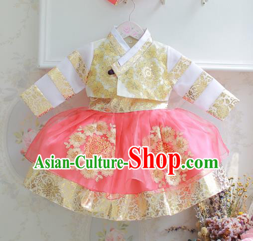 Korean National Handmade Formal Occasions Girls Clothing Palace Hanbok Costume Embroidered Yellow Blouse and Pink Dress for Kids