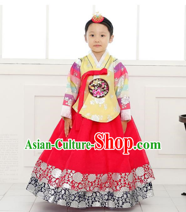Traditional Korean National Handmade Formal Occasions Girls Clothing Palace Hanbok Costume Embroidered Yellow Blouse and Red Dress for Kids