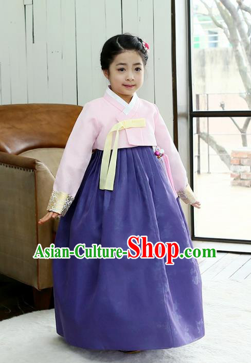 Korean National Handmade Formal Occasions Girls Clothing Palace Hanbok Costume Embroidered Pink Blouse and Purple Dress for Kids