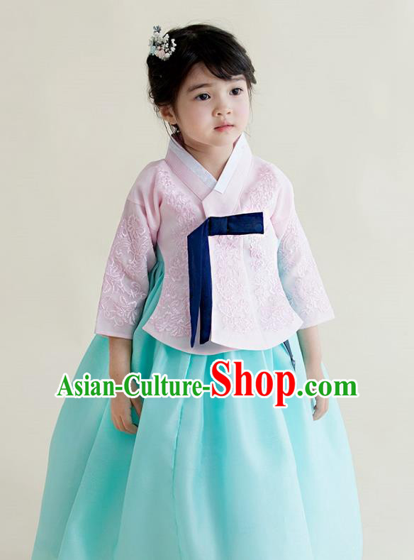 Korean National Handmade Formal Occasions Girls Clothing Palace Hanbok Costume Embroidered Pink Blouse and Blue Dress for Kids