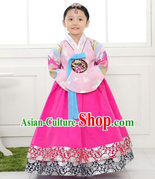 Traditional Korean National Handmade Formal Occasions Girls Clothing Palace Hanbok Costume Embroidered Pink Blouse and Rosy Dress for Kids