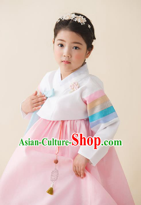 Traditional Korean National Handmade Formal Occasions Girls Clothing Palace Hanbok Costume Embroidered White Blouse and Pink Dress for Kids