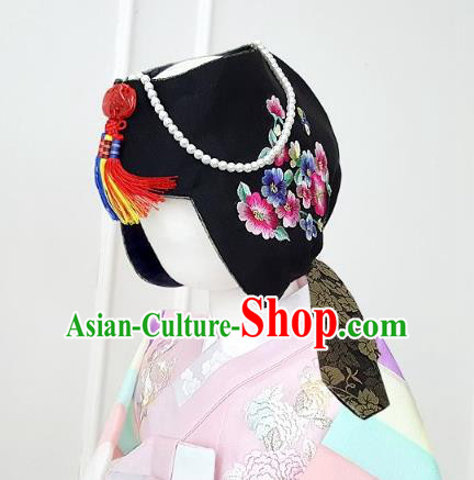 Traditional Korean Hair Accessories Embroidered Flowers Black Hats, Asian Korean Fashion Hanbok Headwear for Kids