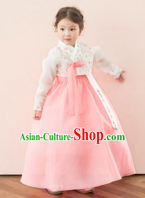 Traditional Korean National Handmade Formal Occasions Girls Palace Hanbok Costume Embroidered White Blouse and Pink Dress for Kids