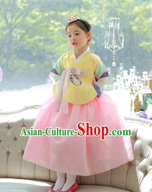 Traditional Korean National Handmade Formal Occasions Girls Palace Hanbok Costume Embroidered Yellow Blouse and Pink Dress for Kids