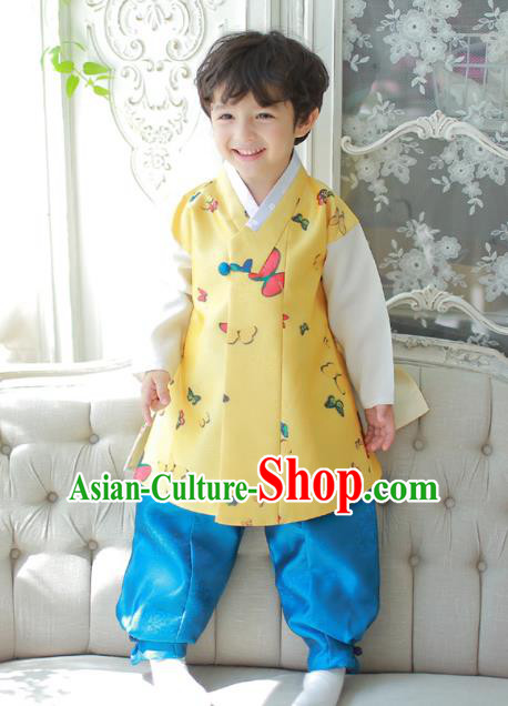 Asian Korean National Traditional Handmade Formal Occasions Boys Printing Butterfly Yellow Vest Hanbok Costume Complete Set for Kids